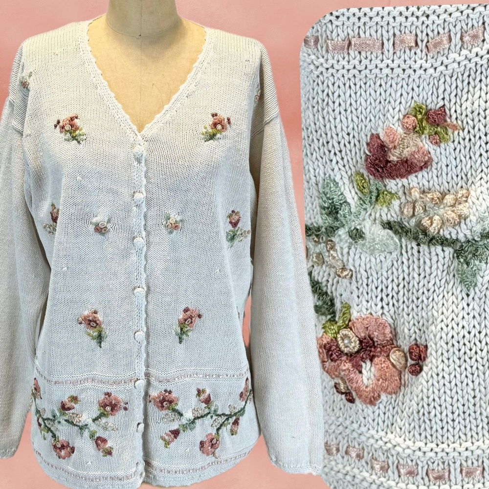 VINTAGE 90s‎ cottage floral embroidered knit sweater cardigan v neck cottagecore